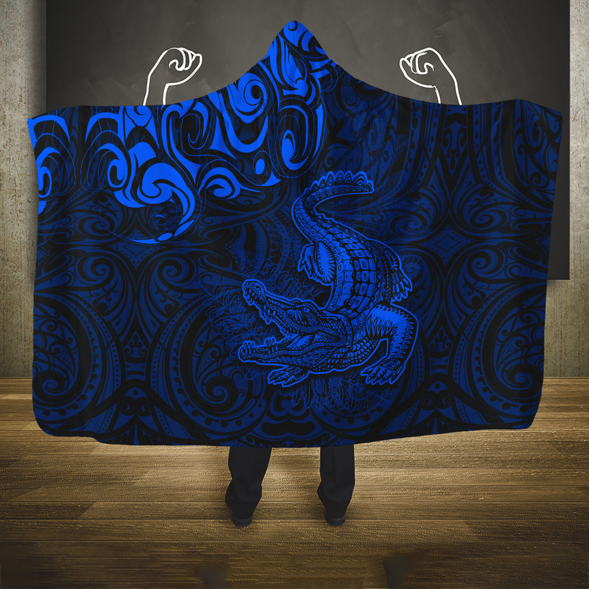 New Zealand Crocodile Tattoo and Fern Hooded Blanket Maori Pattern Blue Color LT03 One Size Blue - Polynesian Pride