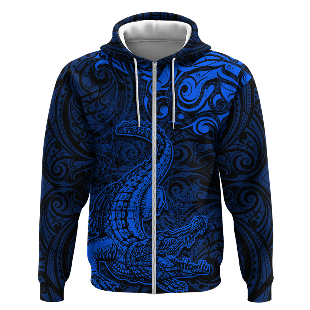 New Zealand Crocodile Tattoo and Fern Hoodie Maori Pattern Blue Color