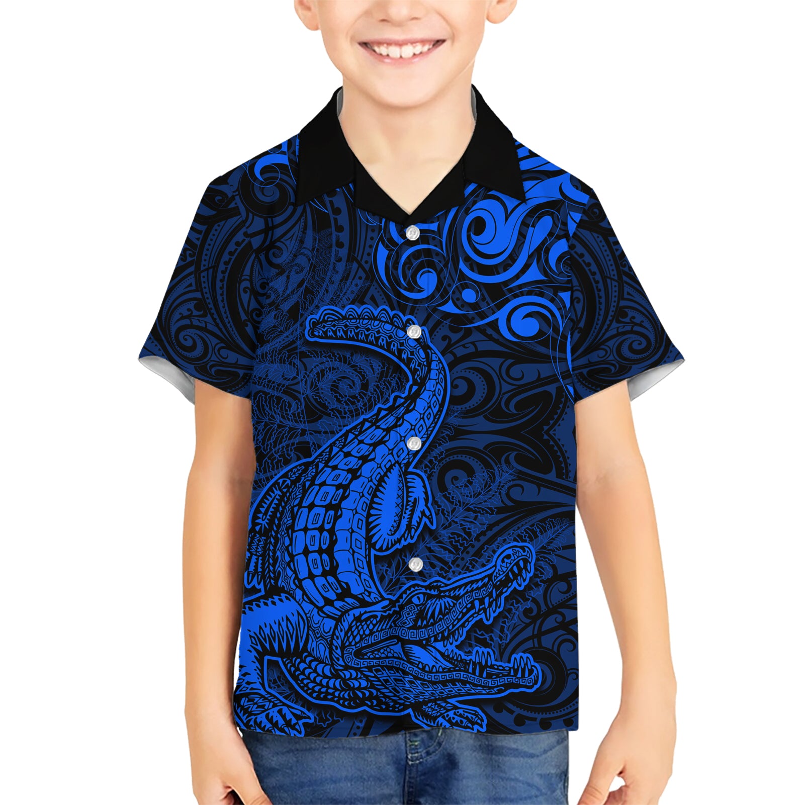 New Zealand Crocodile Tattoo and Fern Kid Hawaiian Shirt Maori Pattern Blue Color