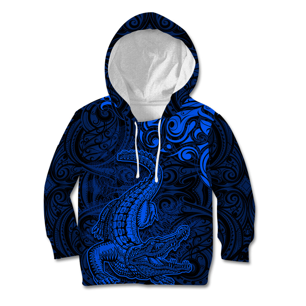 New Zealand Crocodile Tattoo and Fern Kid Hoodie Maori Pattern Blue Color