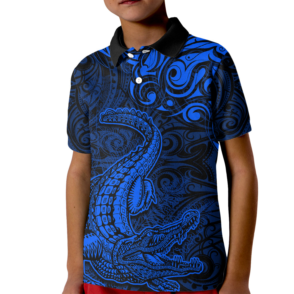 New Zealand Crocodile Tattoo and Fern Kid Polo Shirt Maori Pattern Blue Color