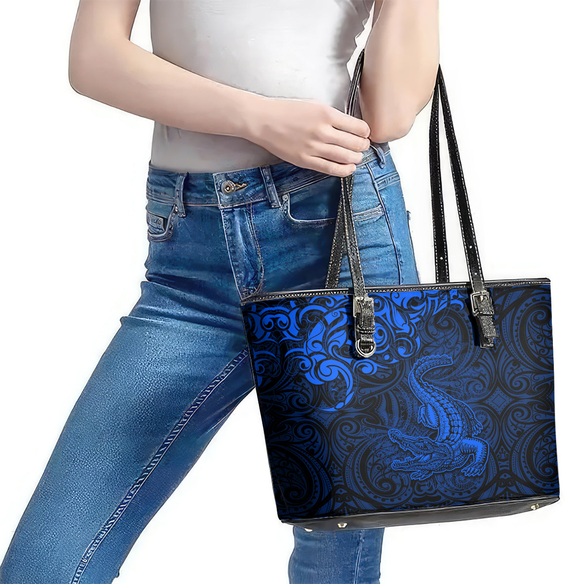 New Zealand Crocodile Tattoo and Fern Leather Tote Bag Maori Pattern Blue Color LT03 - Polynesian Pride