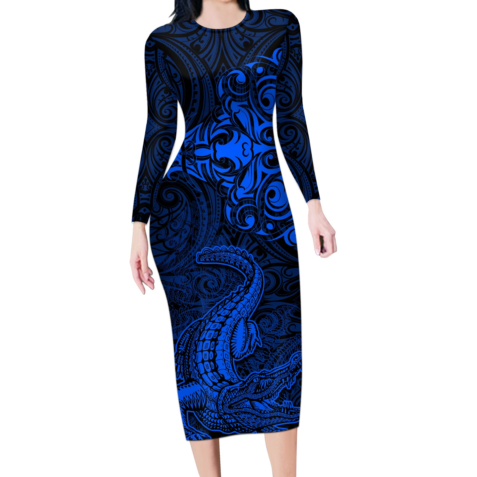 New Zealand Crocodile Tattoo and Fern Long Sleeve Bodycon Dress Maori Pattern Blue Color