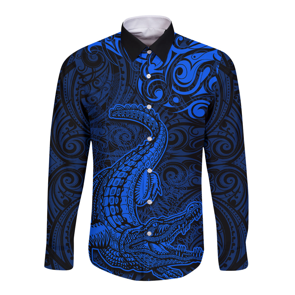 New Zealand Crocodile Tattoo and Fern Long Sleeve Button Shirt Maori Pattern Blue Color