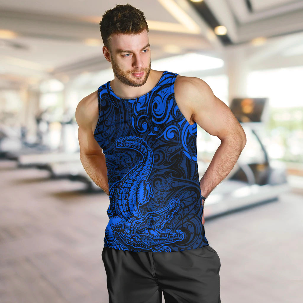 New Zealand Crocodile Tattoo and Fern Men Tank Top Maori Pattern Blue Color