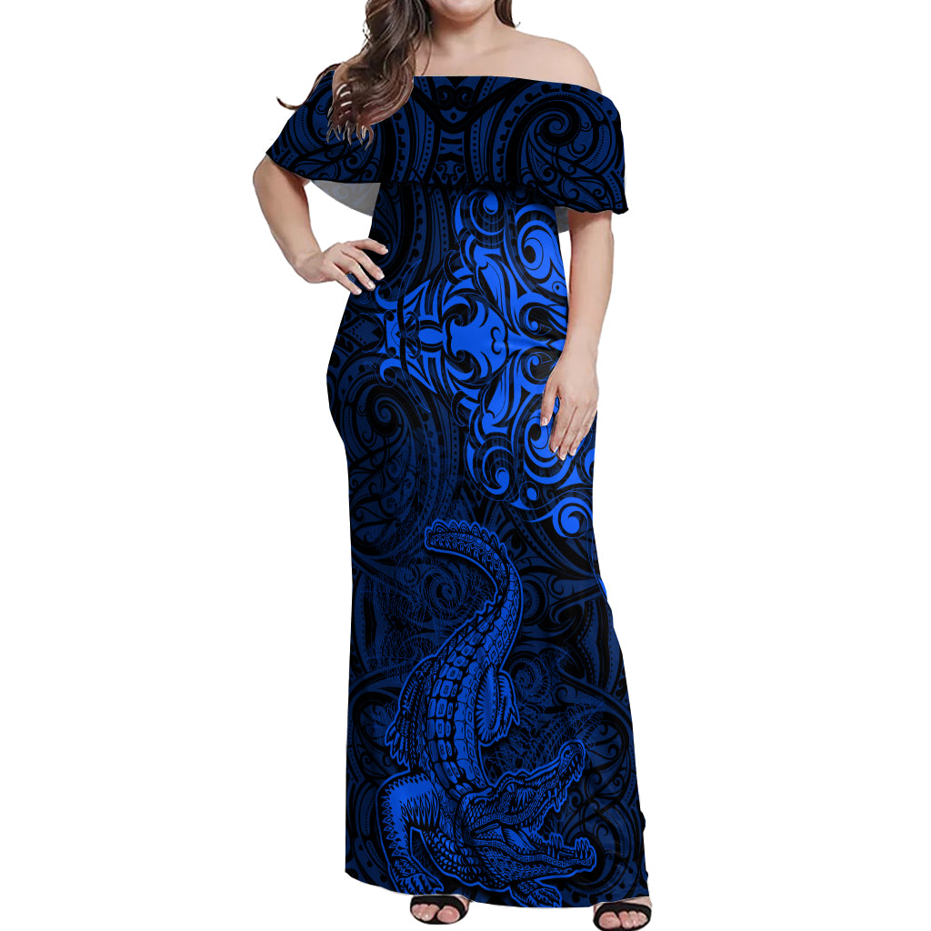 New Zealand Crocodile Tattoo and Fern Off Shoulder Maxi Dress Maori Pattern Blue Color