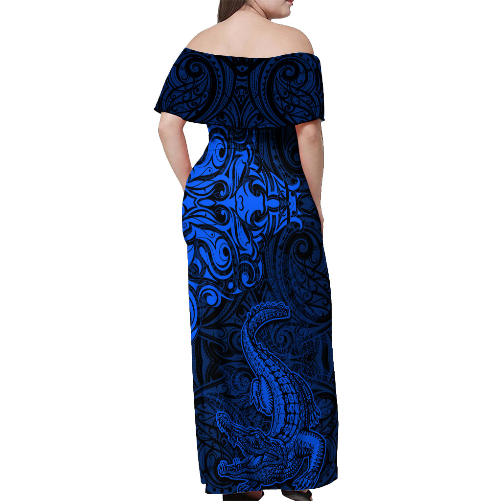 New Zealand Crocodile Tattoo and Fern Off Shoulder Maxi Dress Maori Pattern Blue Color