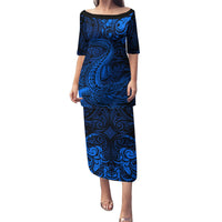 New Zealand Crocodile Tattoo and Fern Puletasi Maori Pattern Blue Color LT03 Long Dress Blue - Polynesian Pride