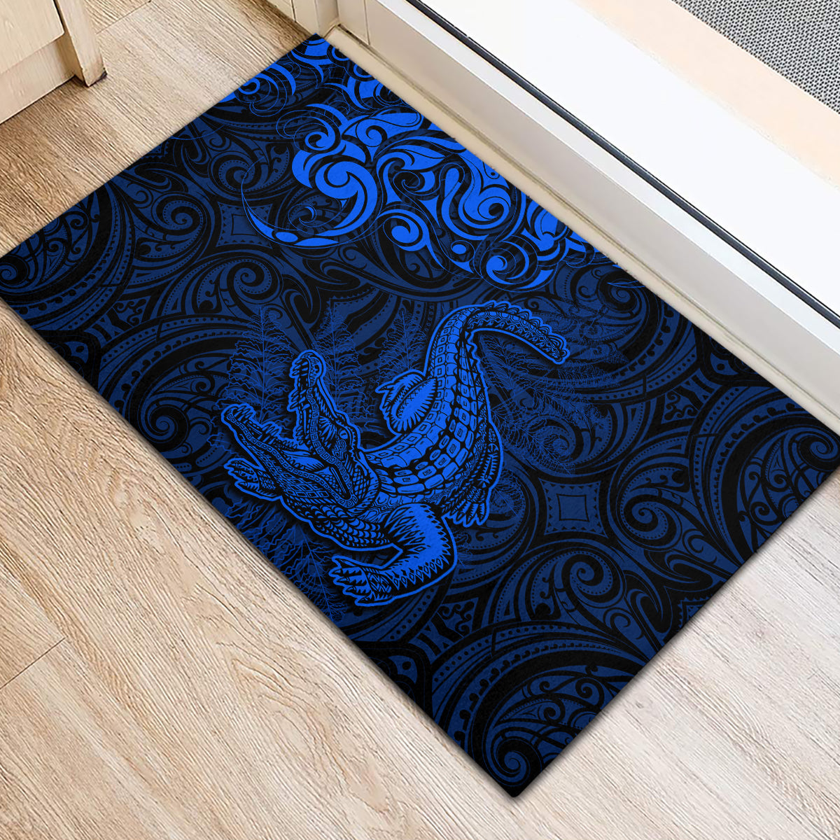 New Zealand Crocodile Tattoo and Fern Rubber Doormat Maori Pattern Blue Color LT03 - Polynesian Pride