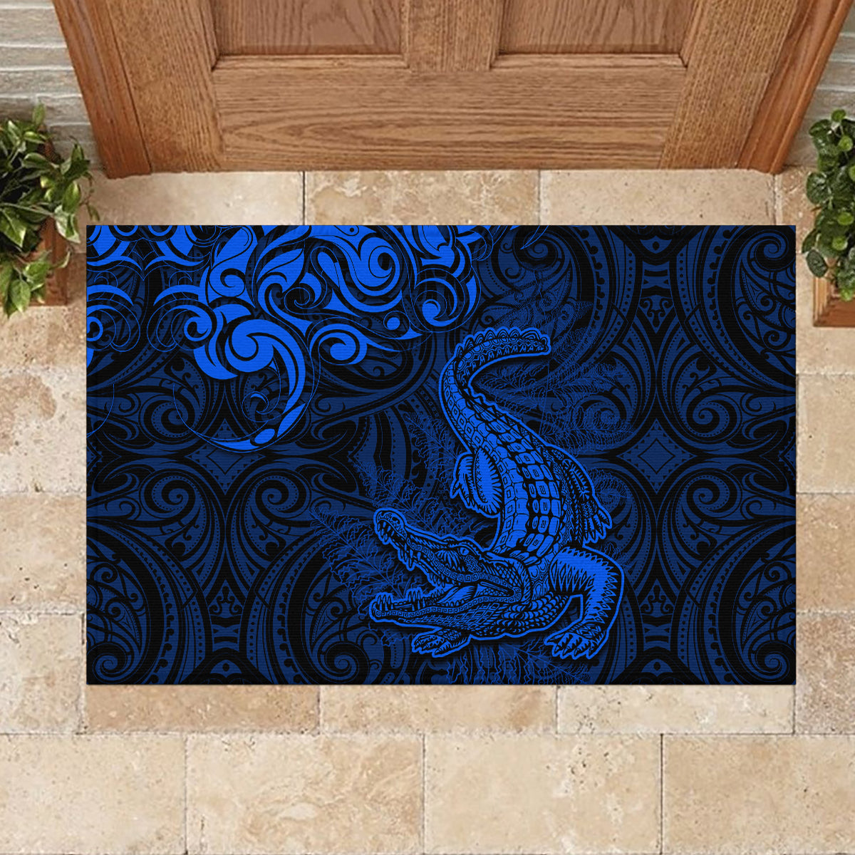 New Zealand Crocodile Tattoo and Fern Rubber Doormat Maori Pattern Blue Color LT03 - Polynesian Pride