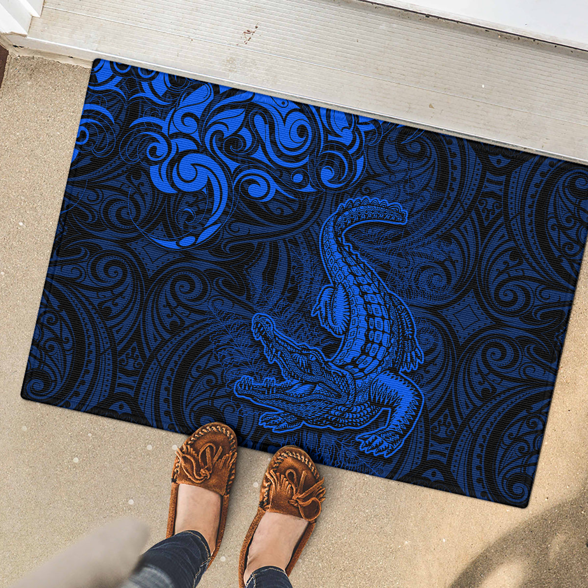 New Zealand Crocodile Tattoo and Fern Rubber Doormat Maori Pattern Blue Color LT03 - Polynesian Pride