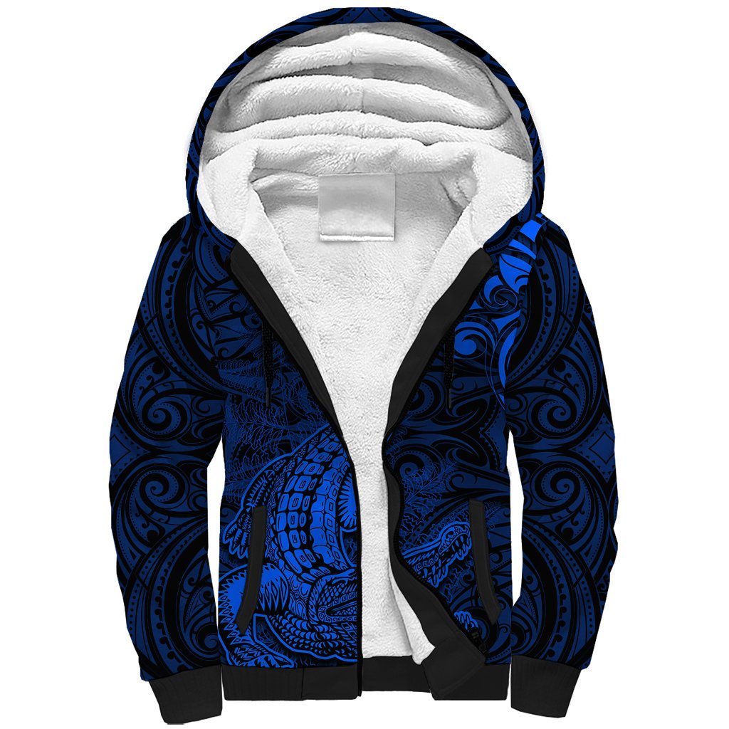 New Zealand Crocodile Tattoo and Fern Sherpa Hoodie Maori Pattern Blue Color LT03 Unisex Blue - Polynesian Pride