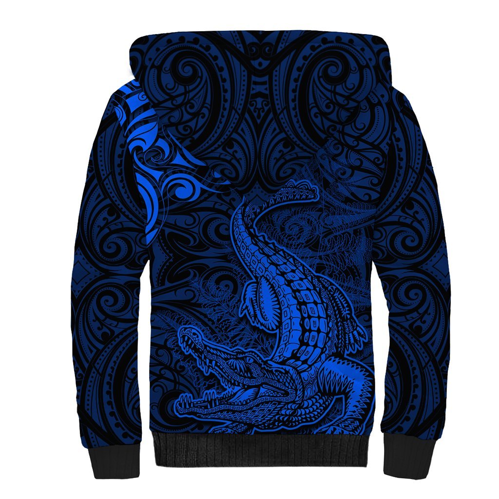 New Zealand Crocodile Tattoo and Fern Sherpa Hoodie Maori Pattern Blue Color LT03 - Polynesian Pride