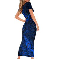 New Zealand Crocodile Tattoo and Fern Short Sleeve Bodycon Dress Maori Pattern Blue Color