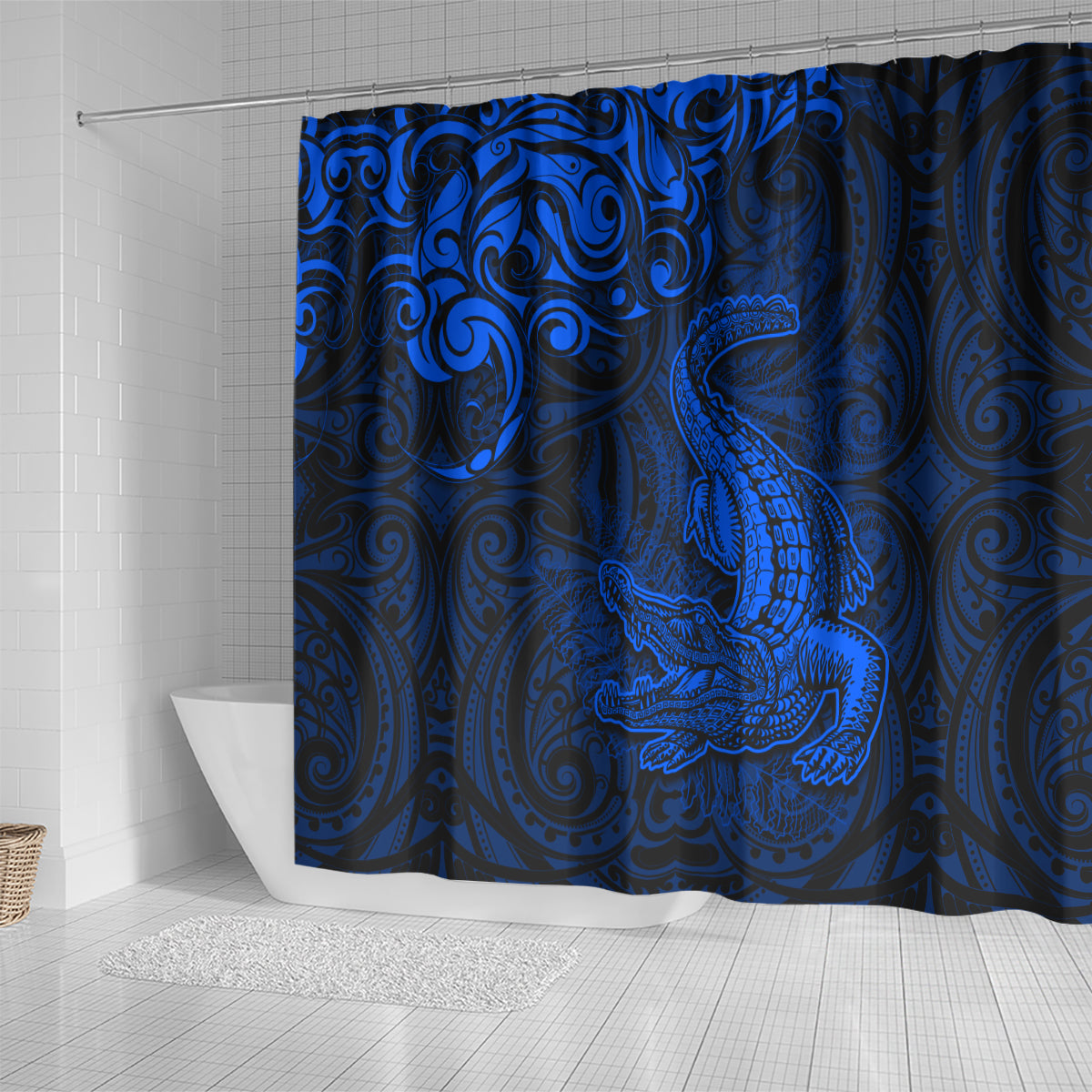 New Zealand Crocodile Tattoo and Fern Shower Curtain Maori Pattern Blue Color