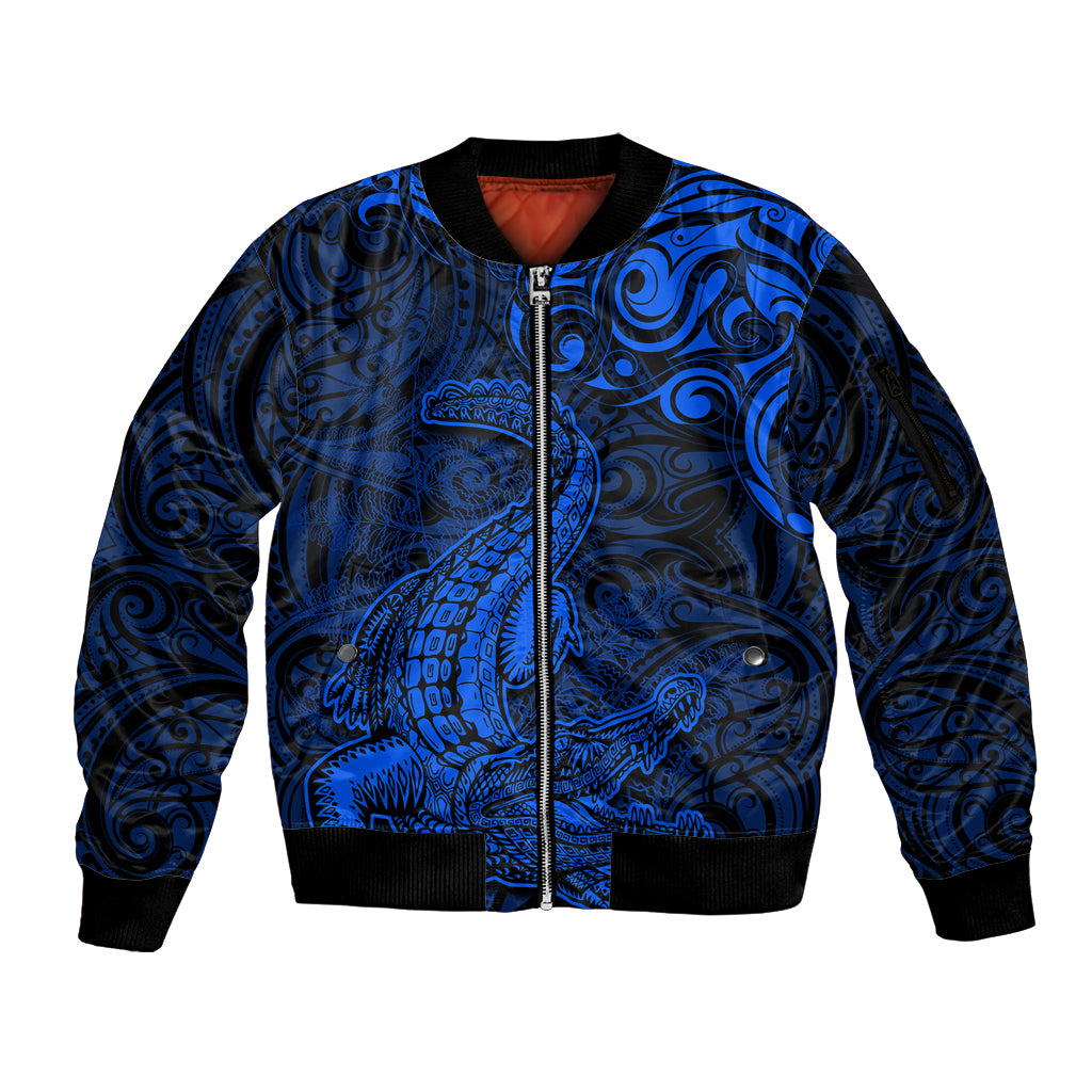 New Zealand Crocodile Tattoo and Fern Sleeve Zip Bomber Jacket Maori Pattern Blue Color LT03 Unisex Blue - Polynesian Pride