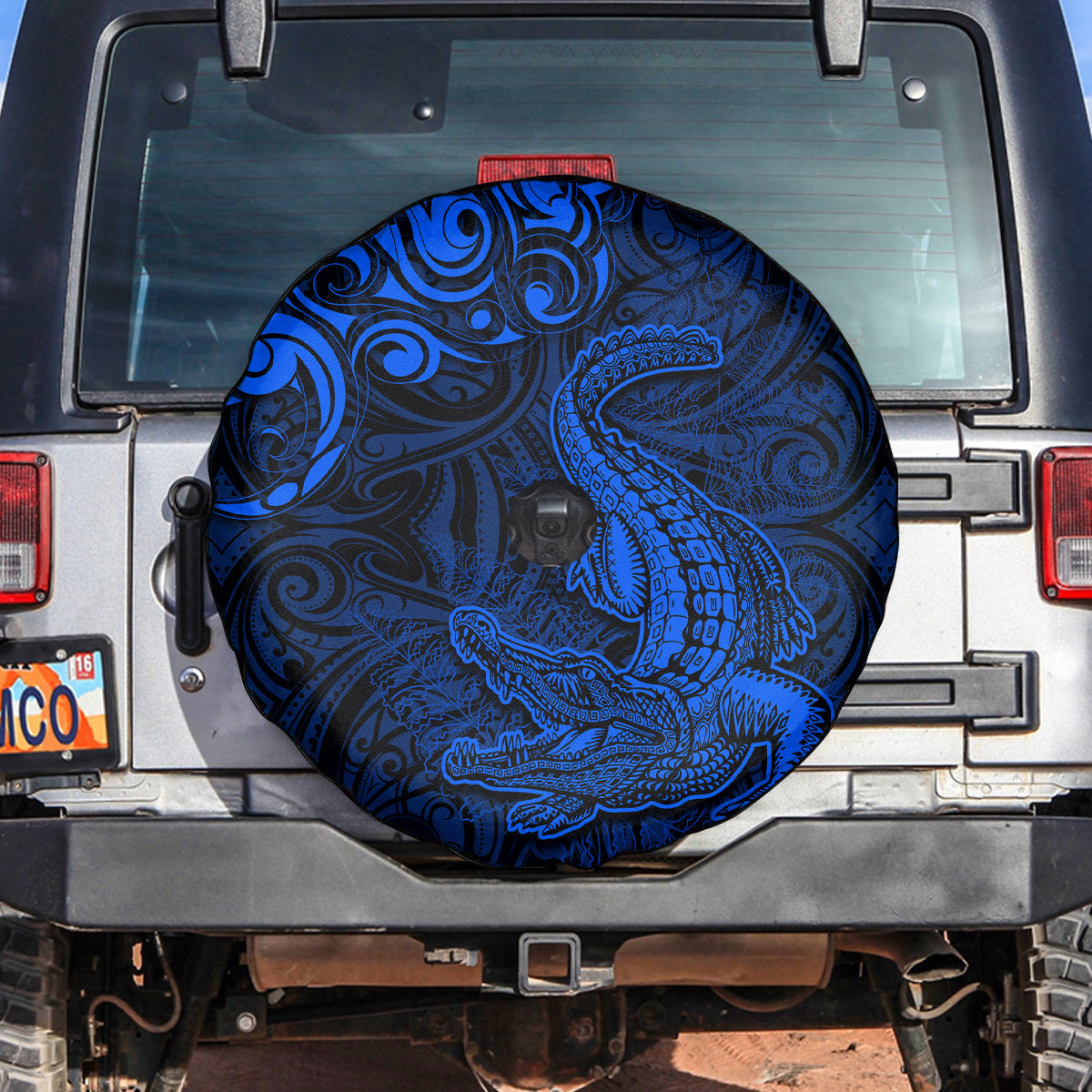 New Zealand Crocodile Tattoo and Fern Spare Tire Cover Maori Pattern Blue Color