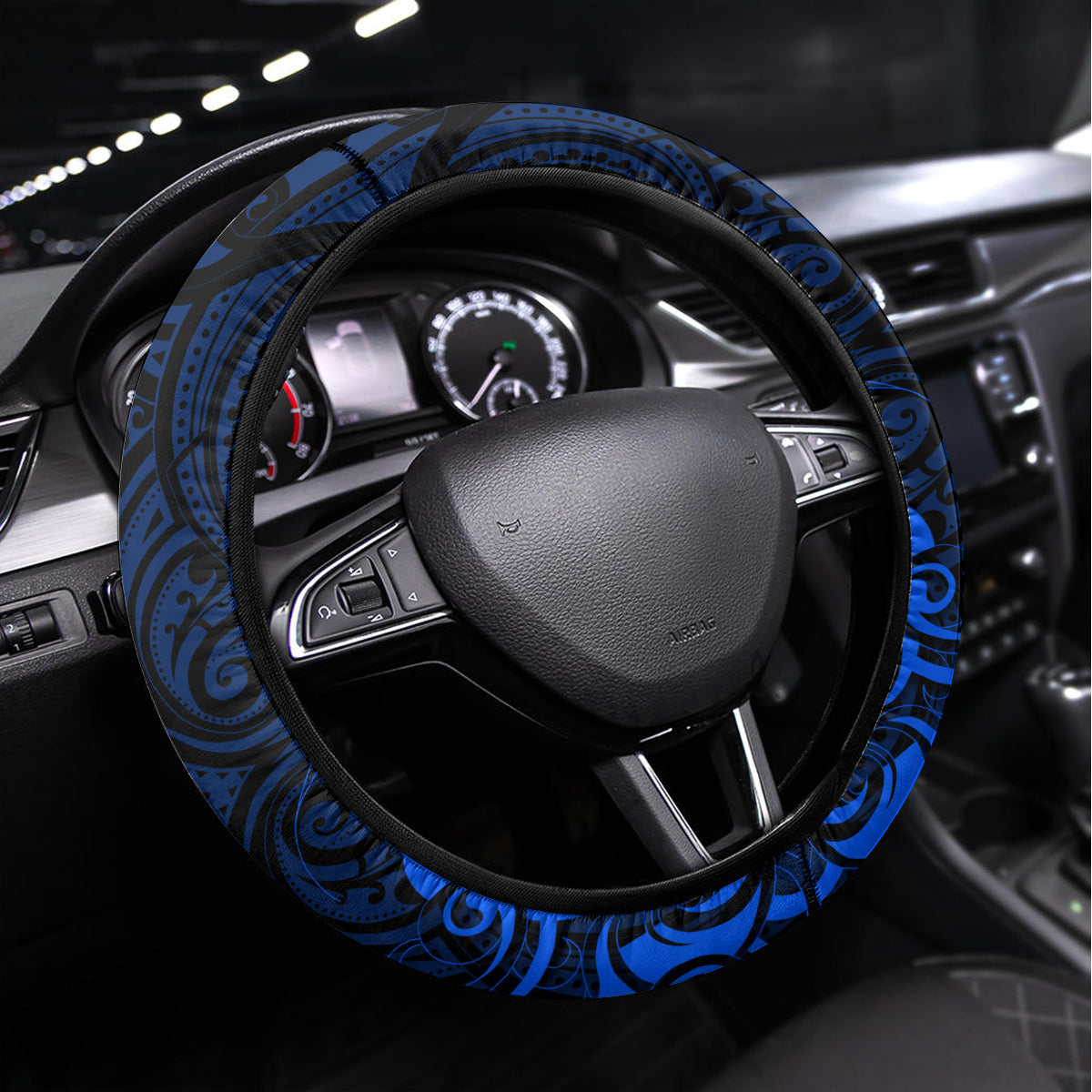 New Zealand Crocodile Tattoo and Fern Steering Wheel Cover Maori Pattern Blue Color