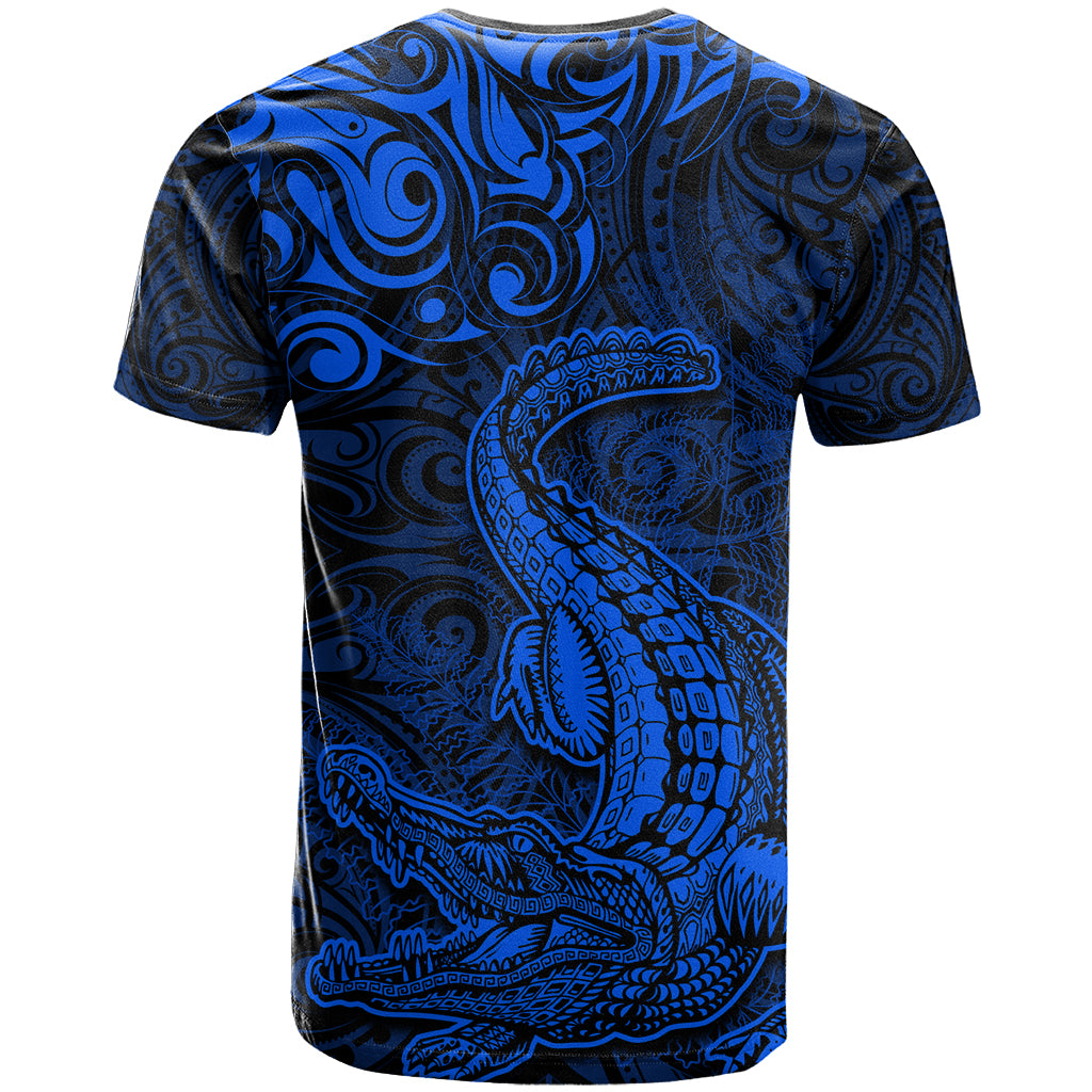 New Zealand Crocodile Tattoo and Fern T Shirt Maori Pattern Blue Color