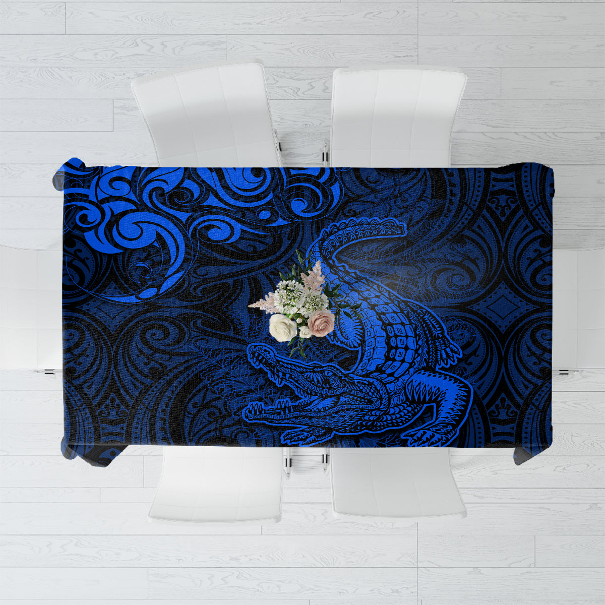 New Zealand Crocodile Tattoo and Fern Tablecloth Maori Pattern Blue Color LT03 Blue - Polynesian Pride