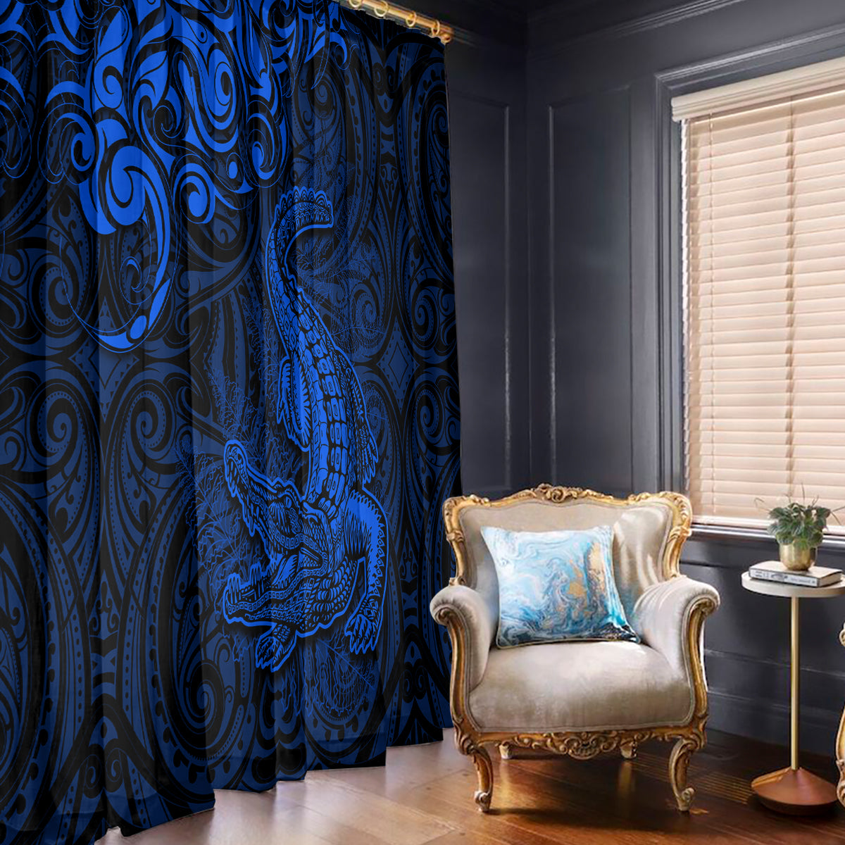 New Zealand Crocodile Tattoo and Fern Window Curtain Maori Pattern Blue Color LT03 - Polynesian Pride