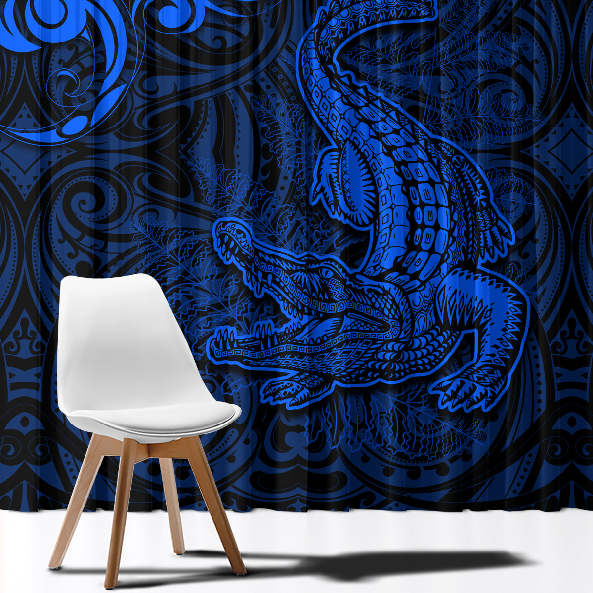 New Zealand Crocodile Tattoo and Fern Window Curtain Maori Pattern Blue Color LT03 - Polynesian Pride