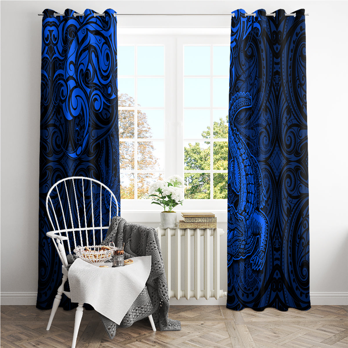 New Zealand Crocodile Tattoo and Fern Window Curtain Maori Pattern Blue Color LT03 - Polynesian Pride
