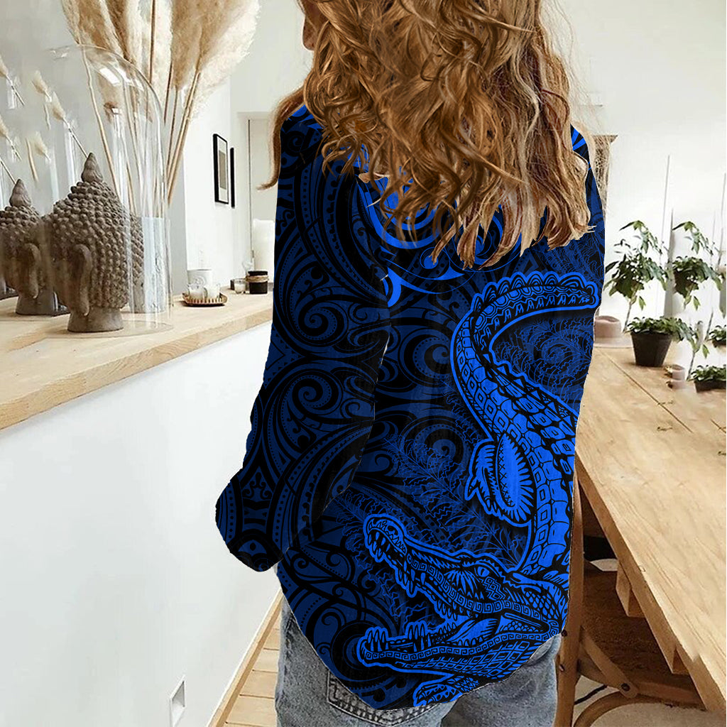 New Zealand Crocodile Tattoo and Fern Women Casual Shirt Maori Pattern Blue Color