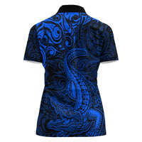New Zealand Crocodile Tattoo and Fern Women Polo Shirt Maori Pattern Blue Color