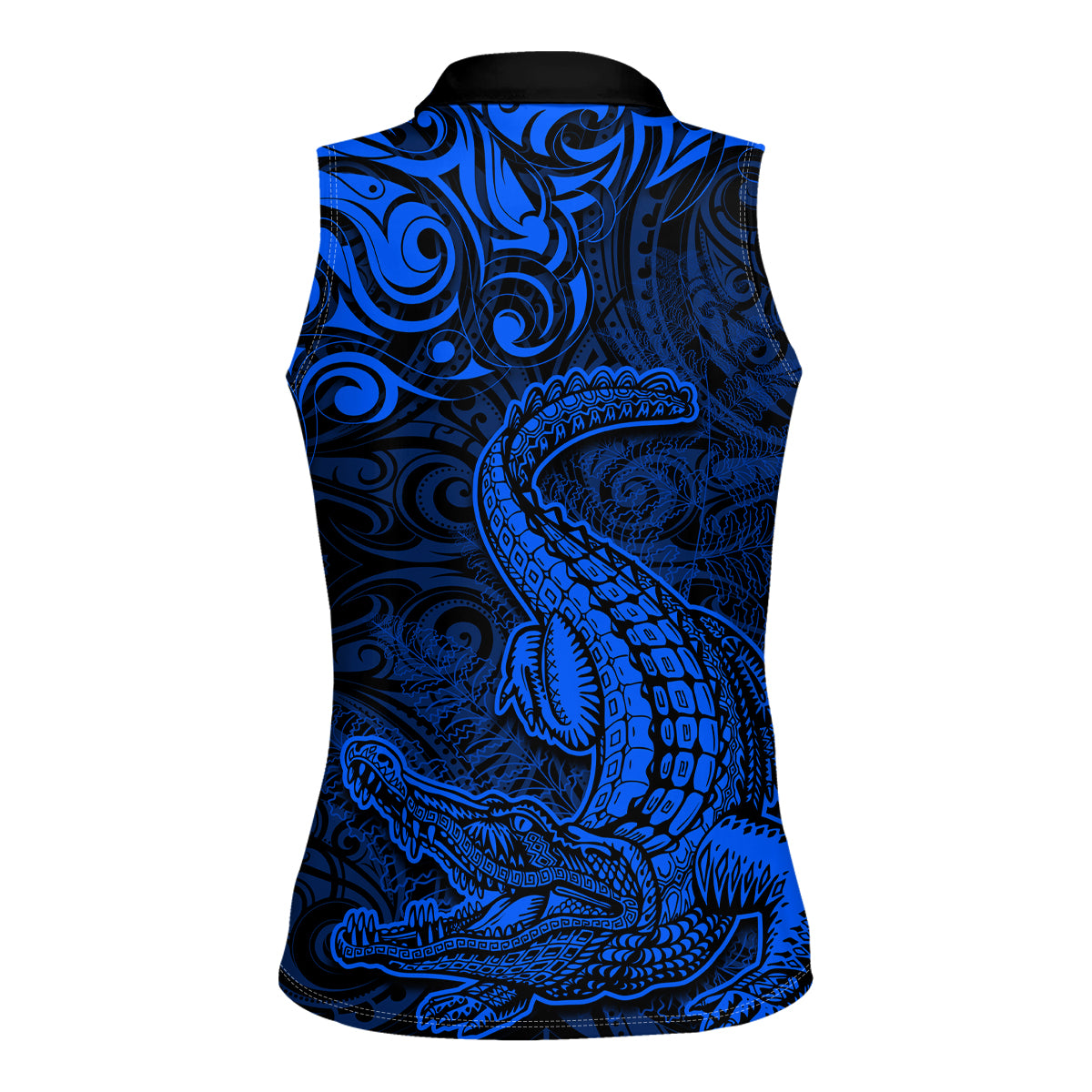New Zealand Crocodile Tattoo and Fern Women Sleeveless Polo Shirt Maori Pattern Blue Color