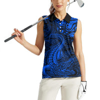 New Zealand Crocodile Tattoo and Fern Women Sleeveless Polo Shirt Maori Pattern Blue Color