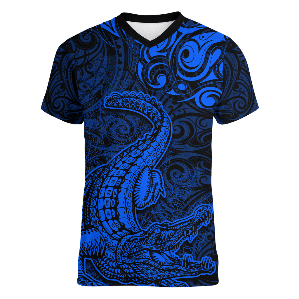 New Zealand Crocodile Tattoo and Fern Women V-Neck T-Shirt Maori Pattern Blue Color