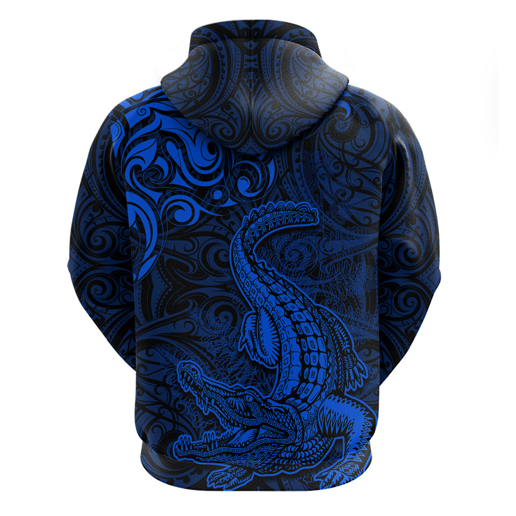 New Zealand Crocodile Tattoo and Fern Zip Hoodie Maori Pattern Blue Color