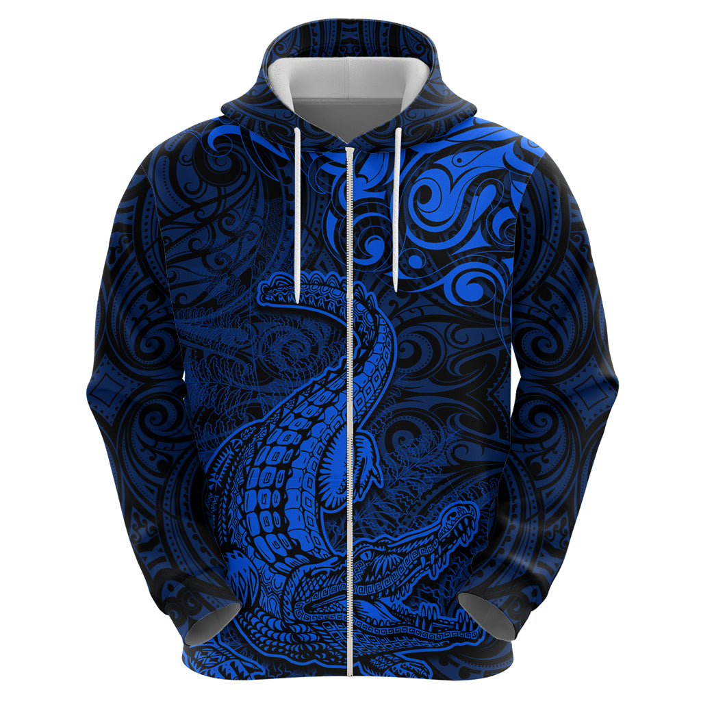 New Zealand Crocodile Tattoo and Fern Zip Hoodie Maori Pattern Blue Color