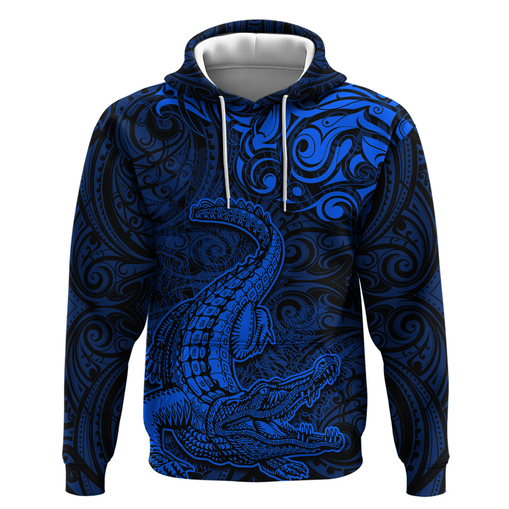 New Zealand Crocodile Tattoo and Fern Zip Hoodie Maori Pattern Blue Color