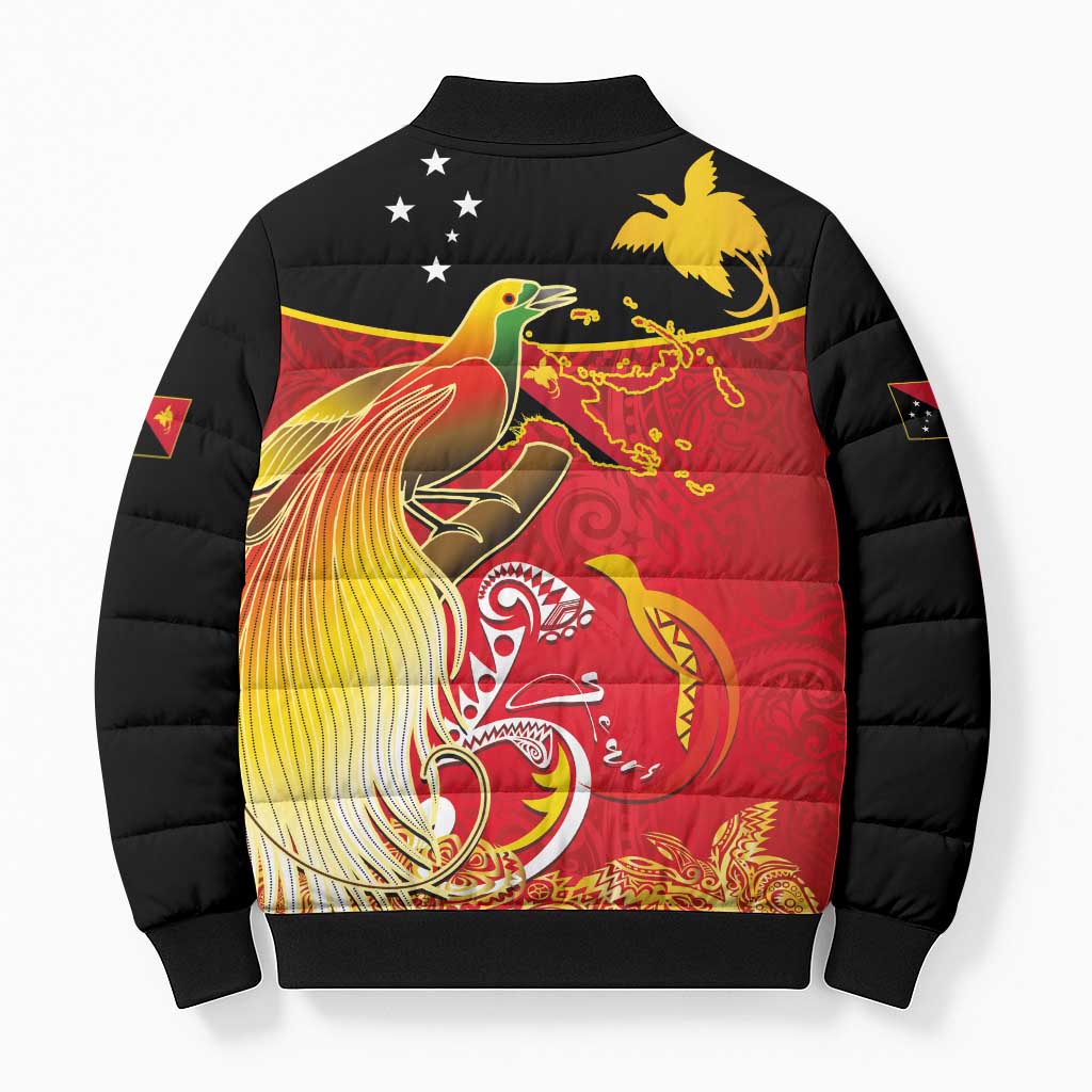 Papua New Guinea Independence Day Bomber Puffer Jacket Happy Anniversary 50th Bird-of-paradise Melanesian Tattoos - Polynesian Pride