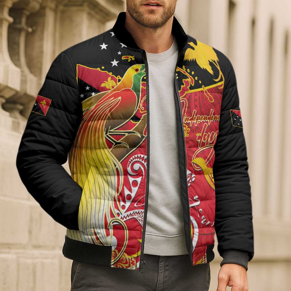Papua New Guinea Independence Day Bomber Puffer Jacket Happy Anniversary 50th Bird-of-paradise Melanesian Tattoos - Polynesian Pride
