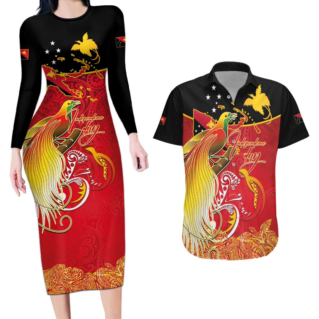 Papua New Guinea Independence Day Couples Matching Long Sleeve Bodycon Dress and Hawaiian Shirt Happy Anniversary 50th Bird-of-paradise Melanesian Tattoos LT03 Black - Polynesian Pride