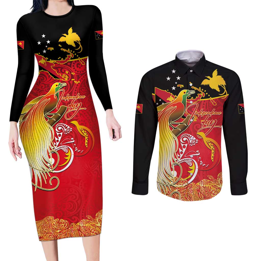 Papua New Guinea Independence Day Couples Matching Long Sleeve Bodycon Dress and Long Sleeve Button Shirt Happy Anniversary 50th Bird-of-paradise Melanesian Tattoos LT03 Black - Polynesian Pride
