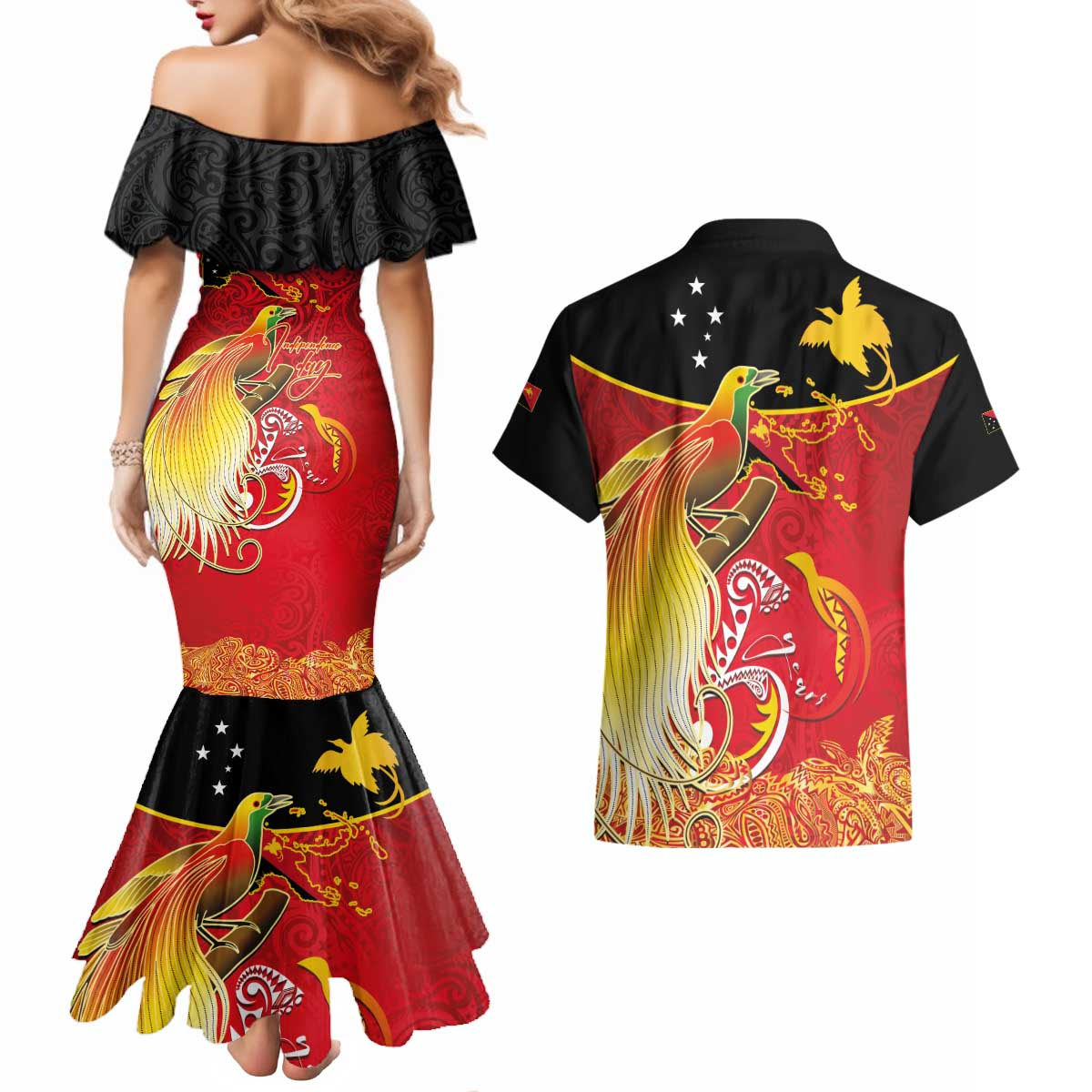Papua New Guinea Independence Day Couples Matching Mermaid Dress and Hawaiian Shirt Happy Anniversary 50th Bird-of-paradise Melanesian Tattoos - Polynesian Pride