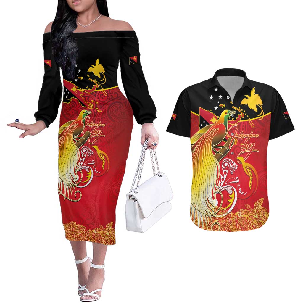 Papua New Guinea Independence Day Couples Matching Off The Shoulder Long Sleeve Dress and Hawaiian Shirt Happy Anniversary 50th Bird-of-paradise Melanesian Tattoos - Polynesian Pride