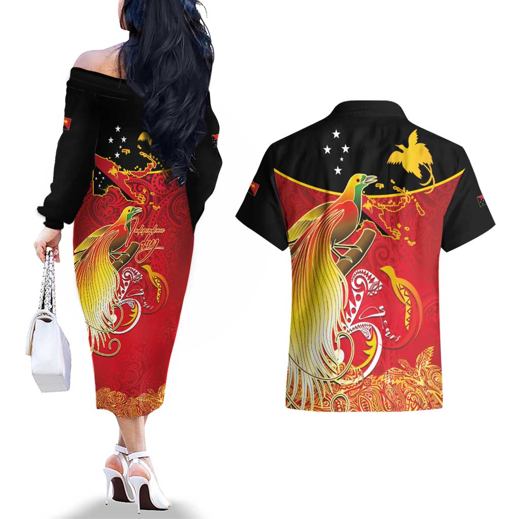 Papua New Guinea Independence Day Couples Matching Off The Shoulder Long Sleeve Dress and Hawaiian Shirt Happy Anniversary 50th Bird-of-paradise Melanesian Tattoos - Polynesian Pride