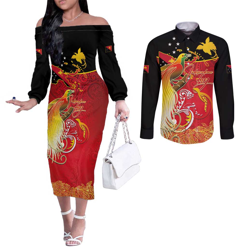 Papua New Guinea Independence Day Couples Matching Off The Shoulder Long Sleeve Dress and Long Sleeve Button Shirt Happy Anniversary 50th Bird-of-paradise Melanesian Tattoos LT03 Black - Polynesian Pride