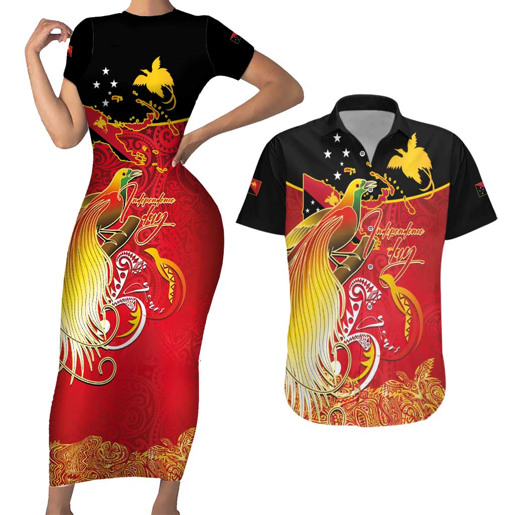 Papua New Guinea Independence Day Couples Matching Short Sleeve Bodycon Dress and Hawaiian Shirt Happy Anniversary 50th Bird-of-paradise Melanesian Tattoos LT03 Black - Polynesian Pride