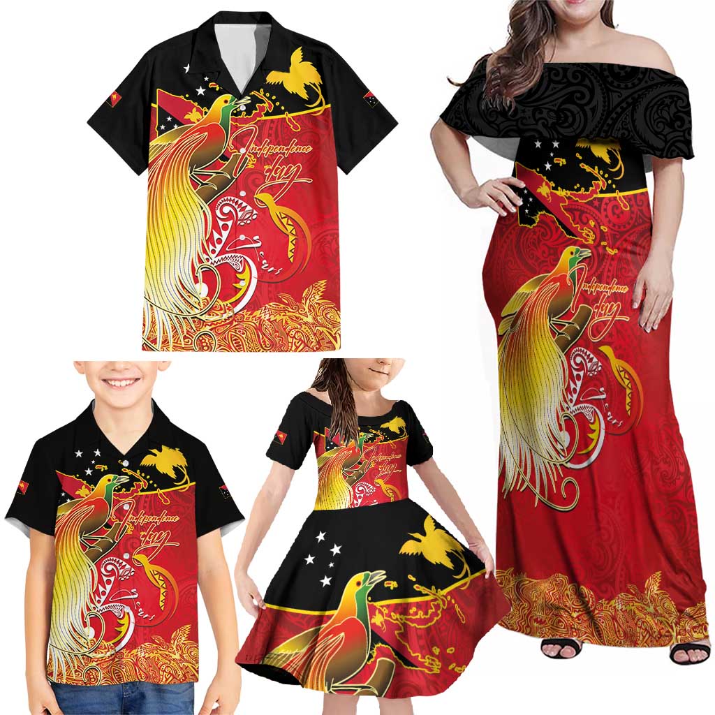 Papua New Guinea Independence Day Family Matching Off Shoulder Maxi Dress and Hawaiian Shirt Happy Anniversary 50th Bird-of-paradise Melanesian Tattoos LT03 - Polynesian Pride