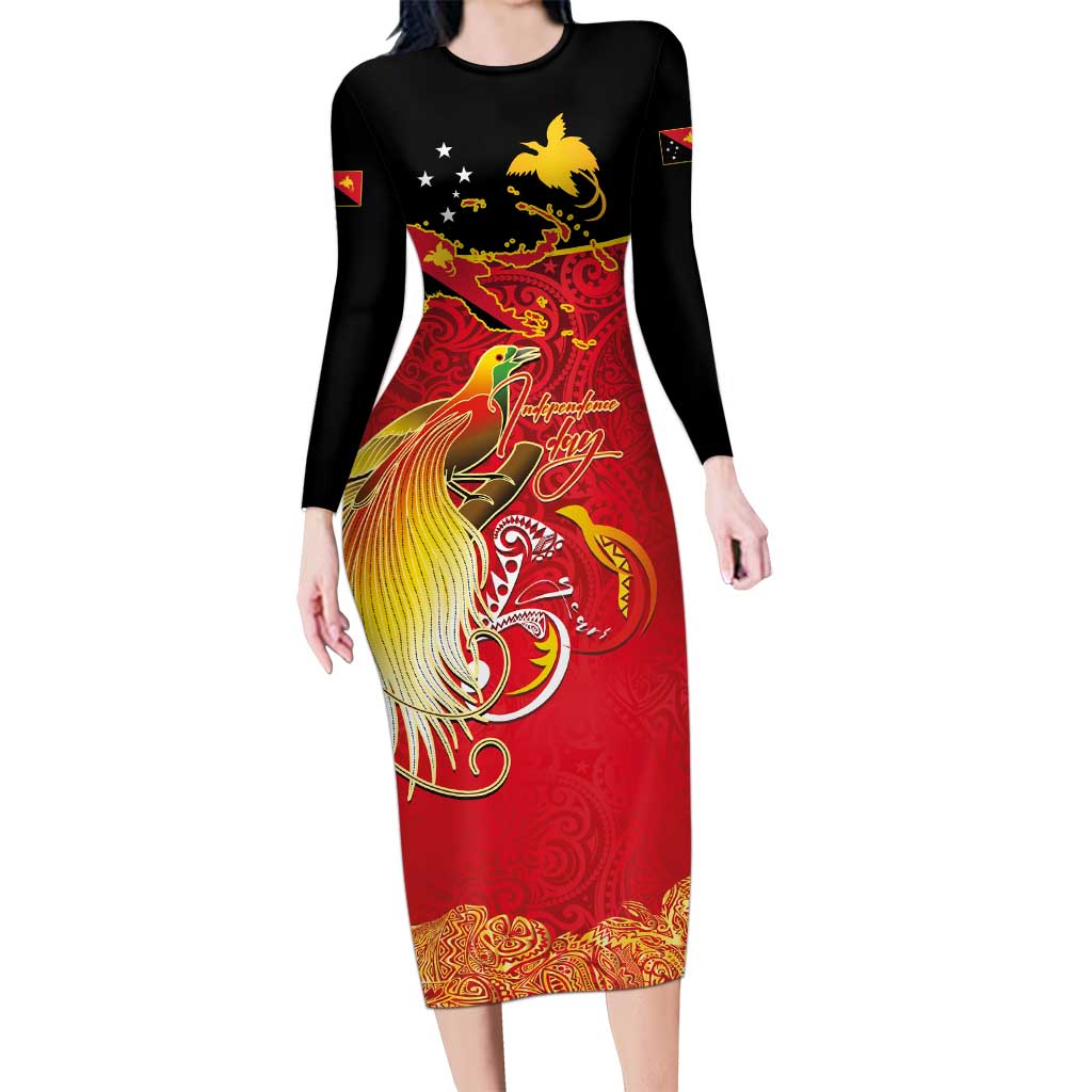 Papua New Guinea Independence Day Long Sleeve Bodycon Dress Happy Anniversary 50th Bird-of-paradise Melanesian Tattoos - Polynesian Pride
