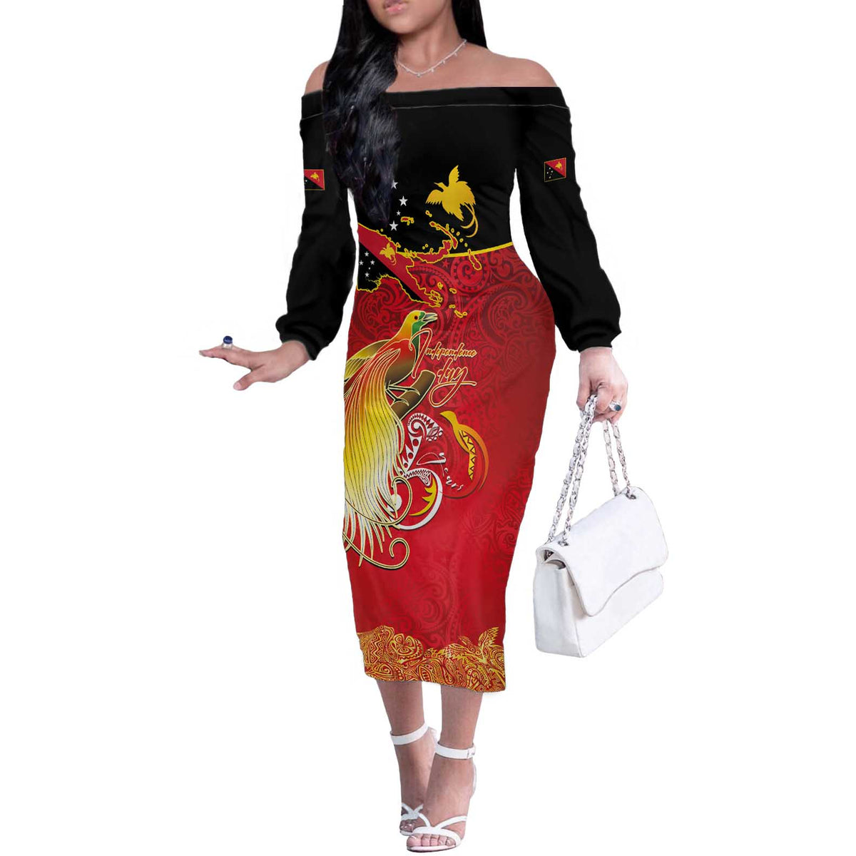 Papua New Guinea Independence Day Off The Shoulder Long Sleeve Dress Happy Anniversary 50th Bird-of-paradise Melanesian Tattoos - Polynesian Pride