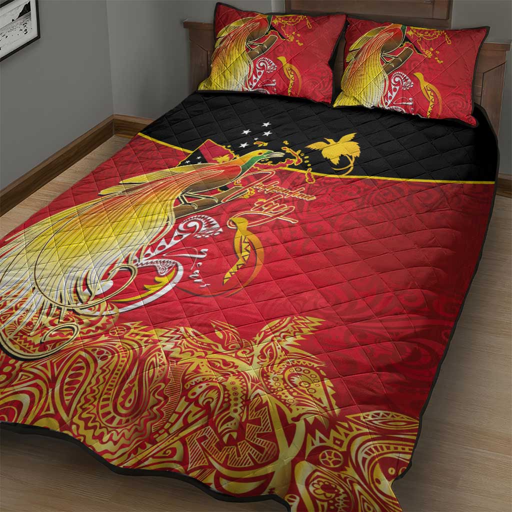 Papua New Guinea Independence Day Quilt Bed Set Happy Anniversary 50th Bird-of-paradise Melanesian Tattoos - Polynesian Pride