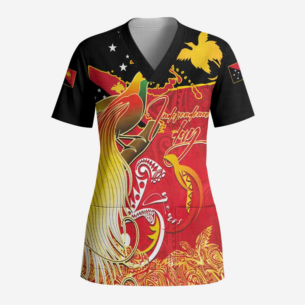 Papua New Guinea Independence Day Scrub Top Happy Anniversary 50th Bird-of-paradise Melanesian Tattoos - Polynesian Pride