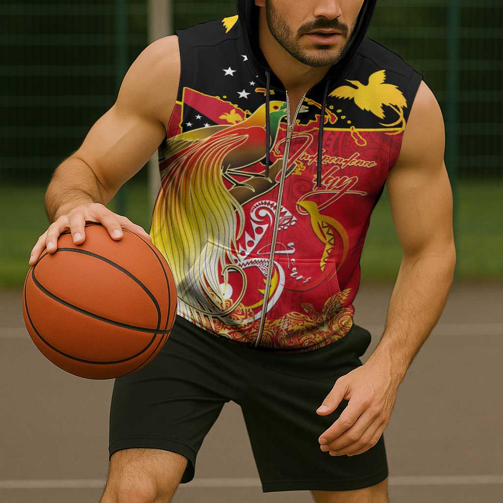 Papua New Guinea Independence Day Sleeveless Zip Hoodie Happy Anniversary 50th Bird-of-paradise Melanesian Tattoos - Polynesian Pride